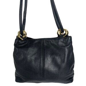 ALBI Black Leather Shoulder Bag Gold-Tone Grommets Double Shoulder Straps NICE